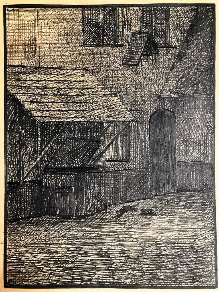 Tekening begijnhof Brugge, zwarte kat, Ophalen of Verzenden
