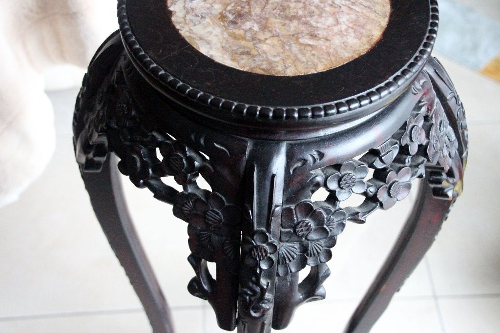 Chinese houten sokkel met marmeren inleg, Zwart, Hout, Azië, Ophalen