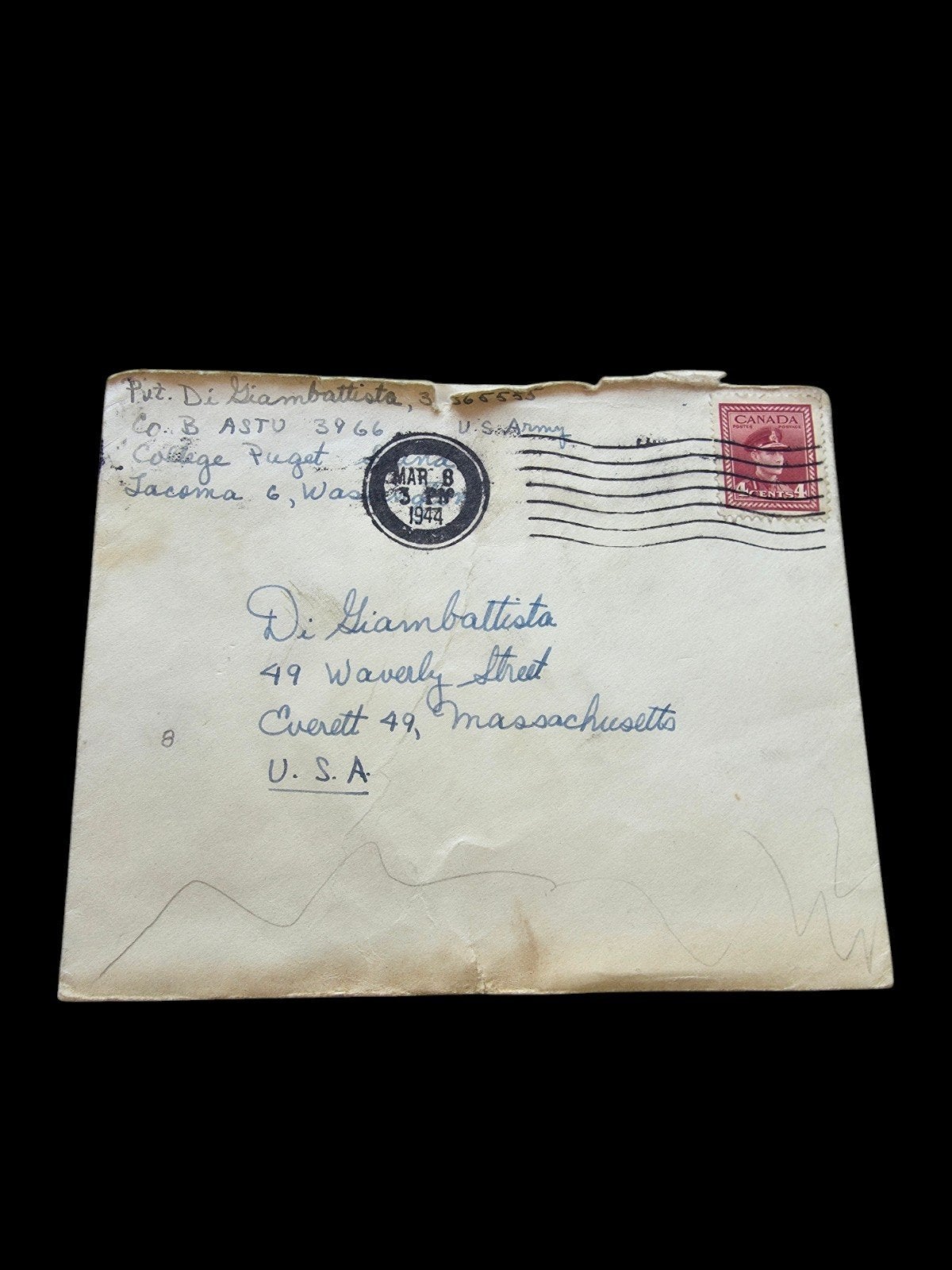 Briefomslag uit de Tweede Wereldoorlog 1944 US Army Pvt. SS, Ophalen of Verzenden