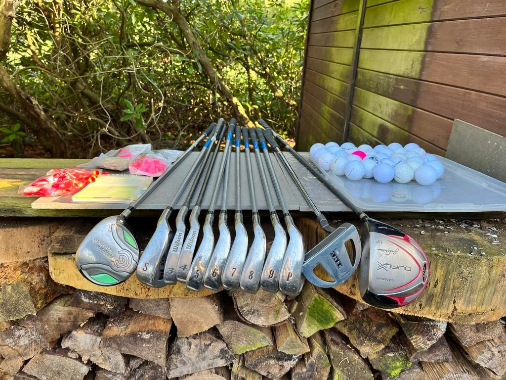 Set de golf avec 12 bâtons, balles de golf et chariot, Enlèvement, Utilisé, Voiturette de golf