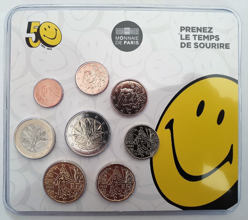 Mini coffret France 50 ans de Smiley 2022, Timbres & Monnaies, Monnaies | Europe | Monnaies euro, Envoi, France, Série