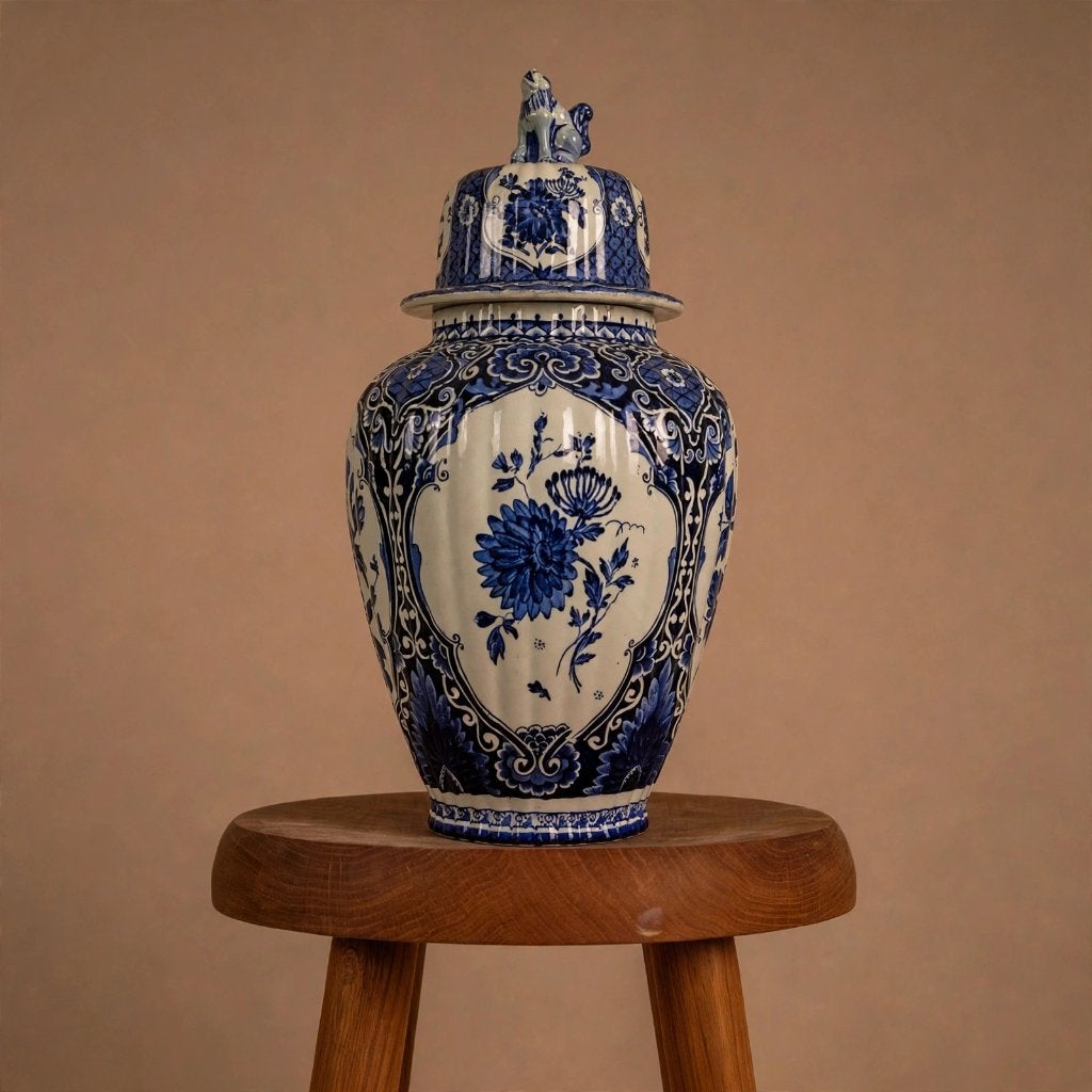 Grote vintage Delfts Blauwe dekselvaas met Leeuw - 45 cm, Enlèvement