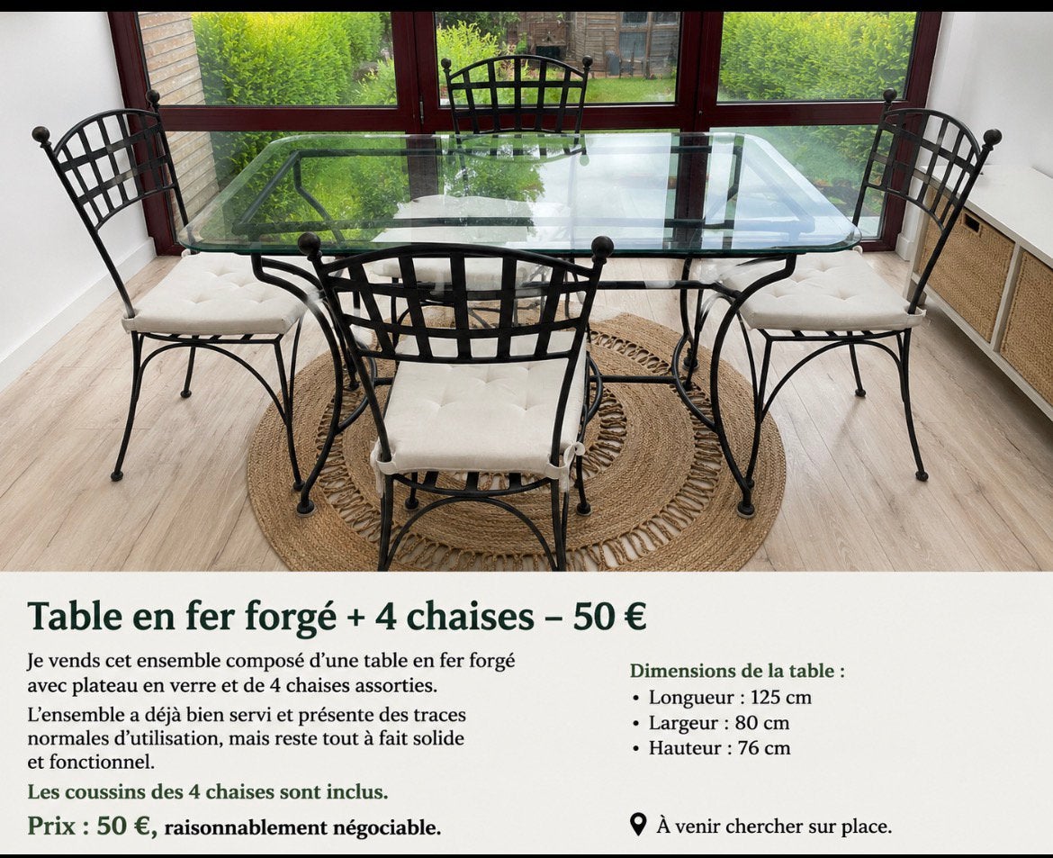Table fer forge-4 chaises-4 coussins, Maison & Meubles, Coussin de palette, Beige, Enlèvement, Utilisé