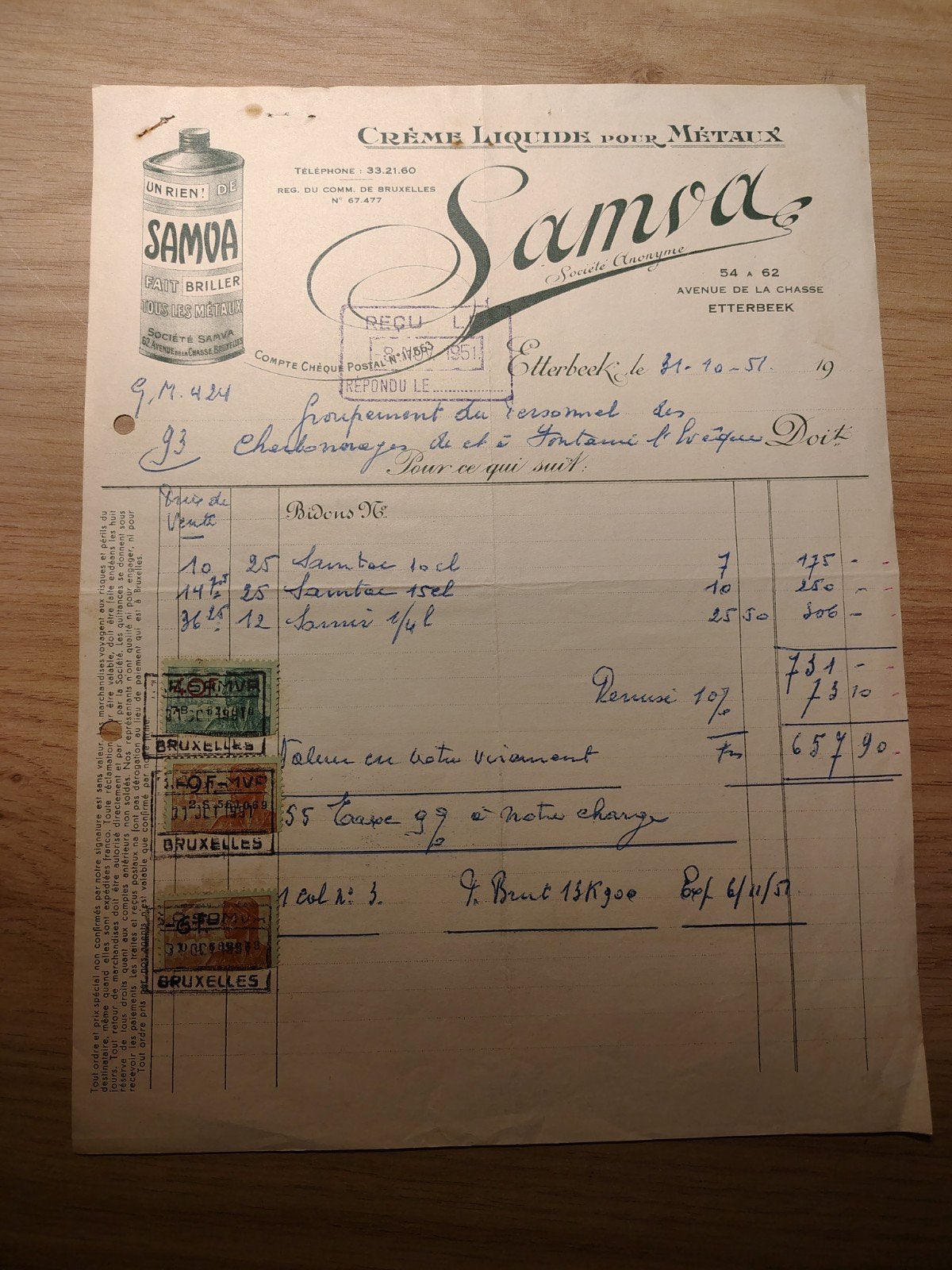 Crème Liquide pour Metaux Bruxelles 1951 met zegels, Ophalen of Verzenden