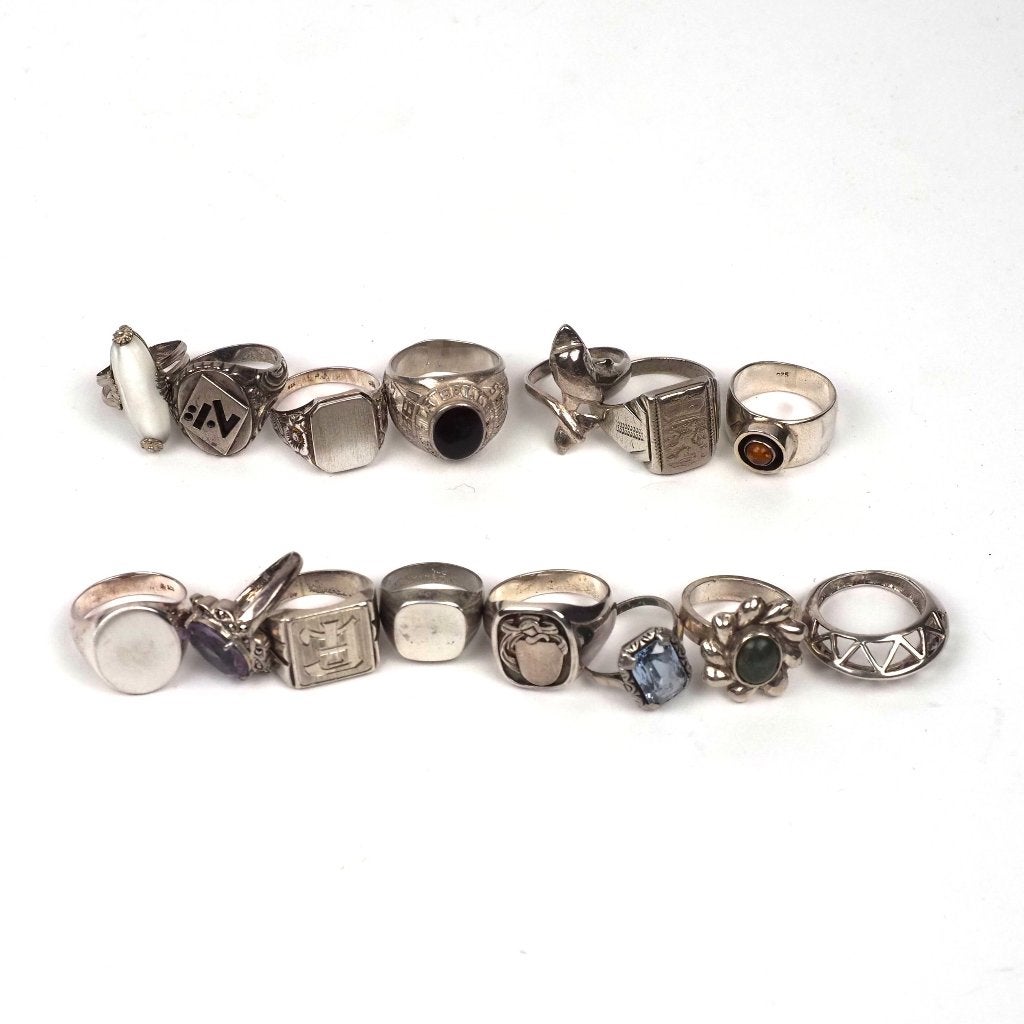 15 zilveren ringen –97 g– signetringen & artistieke modellen, Enlèvement, Blanc, Argent