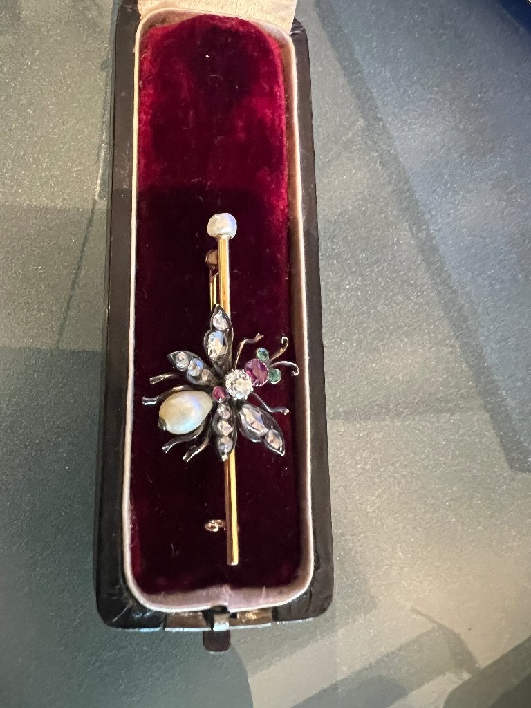 Napoleon 3 gouden insectenbroche+briljant+robijn, Ophalen of Verzenden, Goud, Broche, Met edelsteen