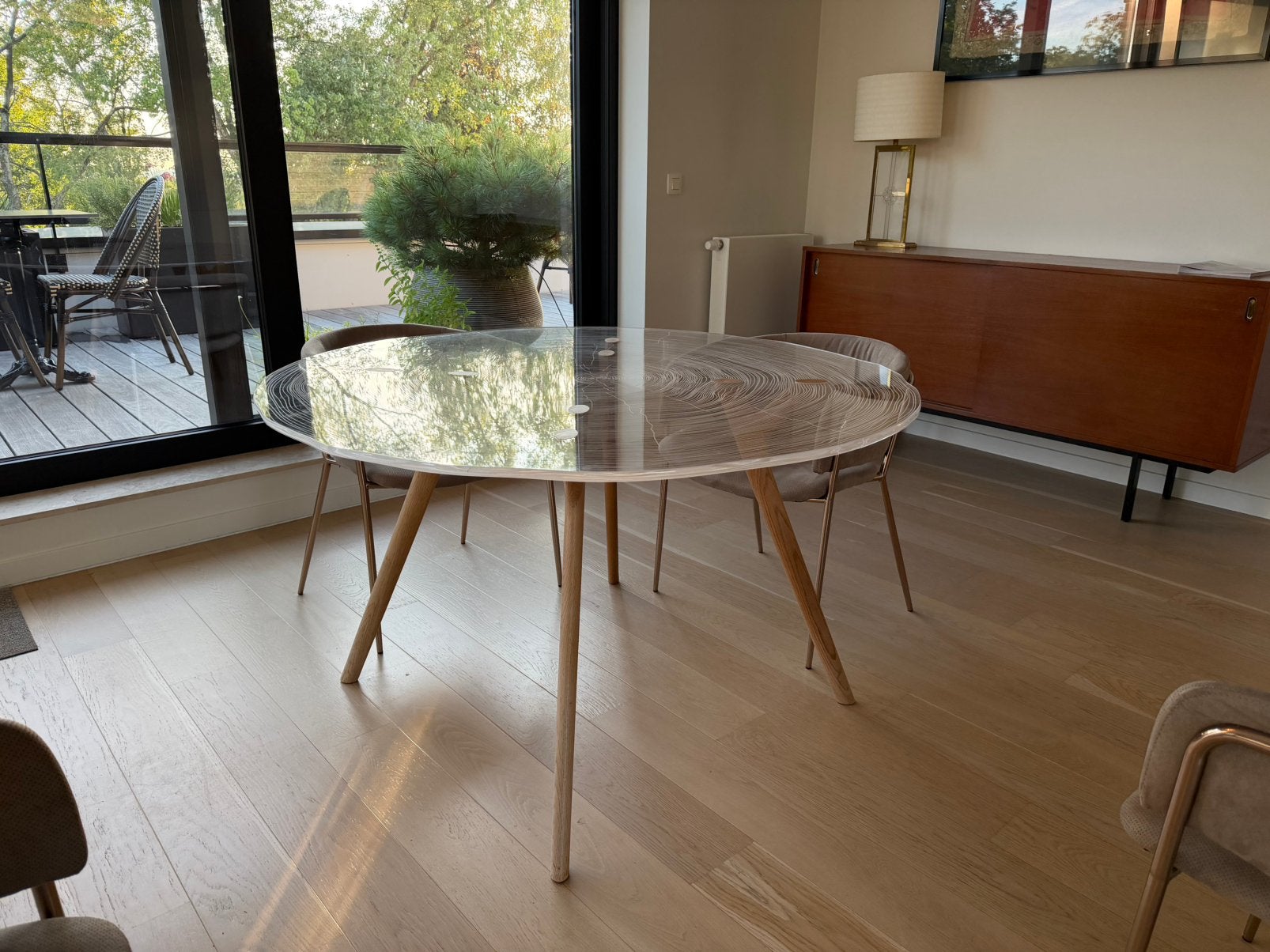 Table Roche Bobois Plexiwood, Enlèvement, Comme neuf, Chêne
