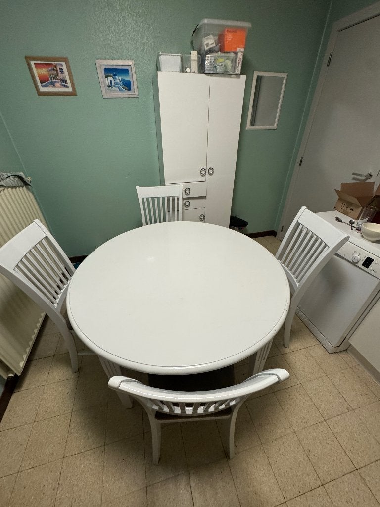 Ronde Tafel (WIT) + 4 Stoelen, Huis en Inrichting, Ophalen, Gebruikt, 50 tot 100 cm, 100 tot 150 cm