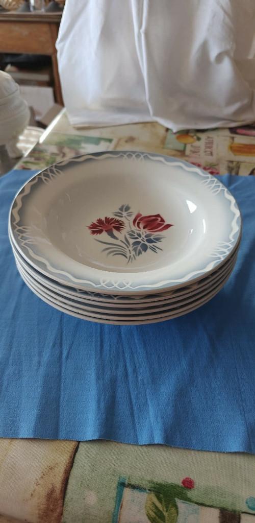 borden diep antiek 6 stuks bloemen grijs/blauw, Antiek en Kunst, Ophalen of Verzenden