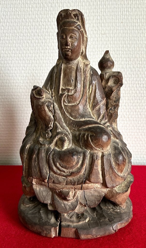 Kwan Yin houtsnijwerk - Qing-dynastie - 1644 tot 1911, Gesneden, Ophalen of Verzenden, China, 25 cm