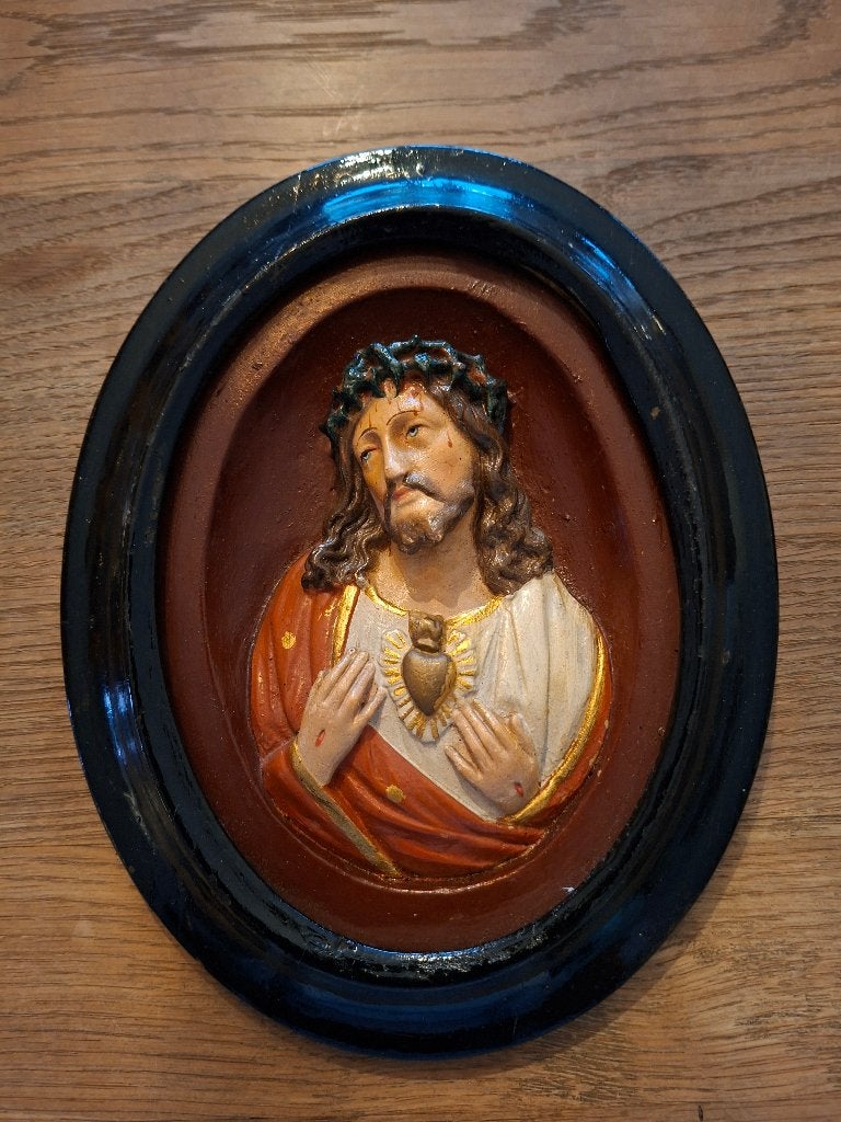 Ancien cadre en bois avec statue de Jésus, Autres styles, Enlèvement ou Envoi, Objet de décoration, Multicolore