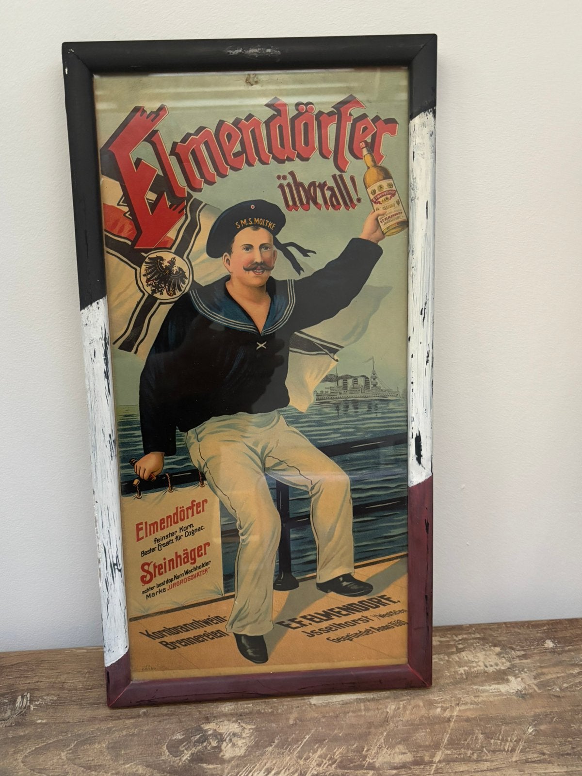 Affiche ww1 28 x 53 cm original Spiritueux Elmendorfer 1910, Collections, Enlèvement ou Envoi, Marine