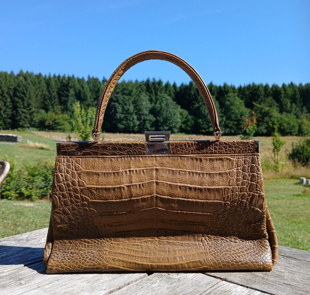 Sac à main vintage en cuir de crocodile, Enlèvement, Comme neuf, Brun, Sac à main