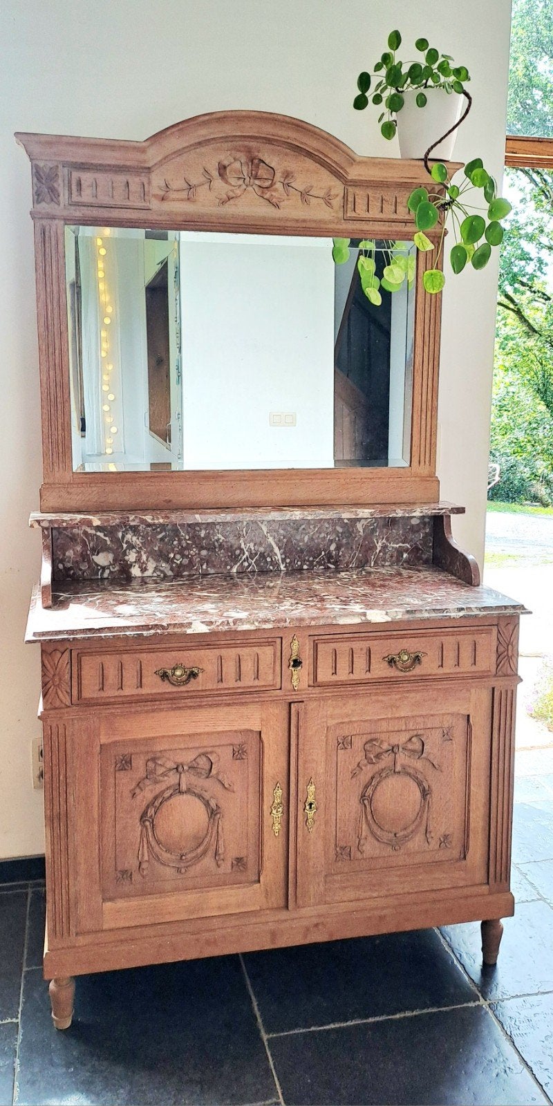 Ancien et très joli meuble lavabo (chêne + marbre), 25 à 50 cm, Comme neuf, 100 à 150 cm, Chêne