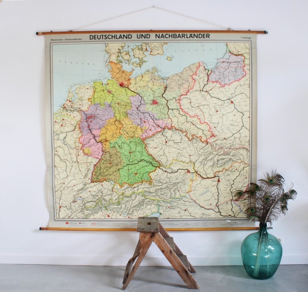 vintage schoolkaart Duitsland en buurlanden, 1964, Antiek en Kunst, Antiek | Schoolplaten, Ophalen, Aardrijkskunde