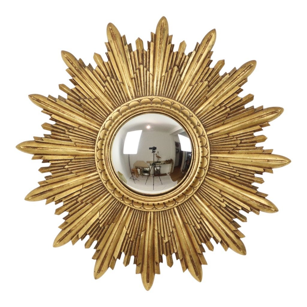 Vintage Zonnespiegel Sunburst Spiegel Bladgoud Hars 56cm, Antiek en Kunst, Ophalen of Verzenden, Rond, 50 tot 100 cm, Minder dan 100 cm