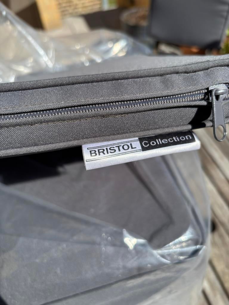 BRISTOL tuinset 6 stoelen met 12 kussens en tafel, Ophalen, Gebruikt, Vierkant, Teakhout