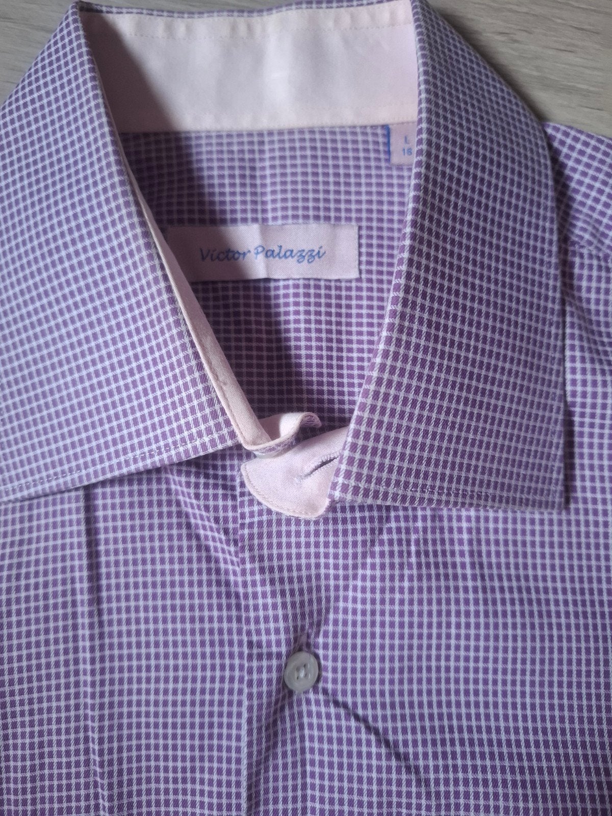 chemise carreaux mauve blanc L Victor Palazzi, Tour de cou 41/42 (L), Enlèvement ou Envoi, Victor Palazzi, Comme neuf