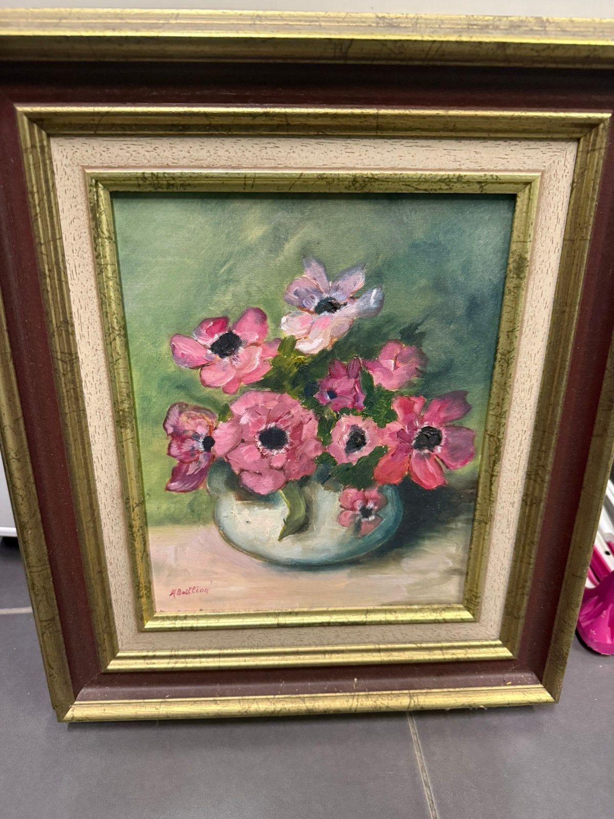 Boeket bloemen schilderij op canvas, Antiek en Kunst, Ophalen of Verzenden, Vintage, Bloemen, Doek