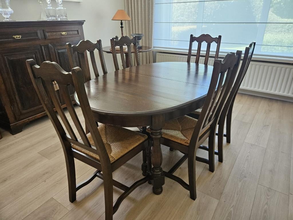 Uitklapbare tafel + 6 stoelen, Huis en Inrichting, Ophalen, Gebruikt, Klassiek, Vijf personen of meer