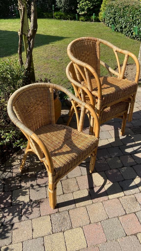6 terrasstoelen/terraszeteltjes rotan, Tuin en Terras, Tuinstoelen, Ophalen, Gebruikt, Rotan, Stapelbaar