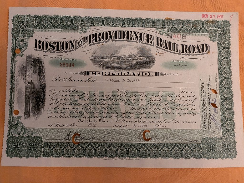 Historisch document Boston & Providence Railroad 1942, Postzegels en Munten, Aandelen en Waardepapieren, Ophalen of Verzenden