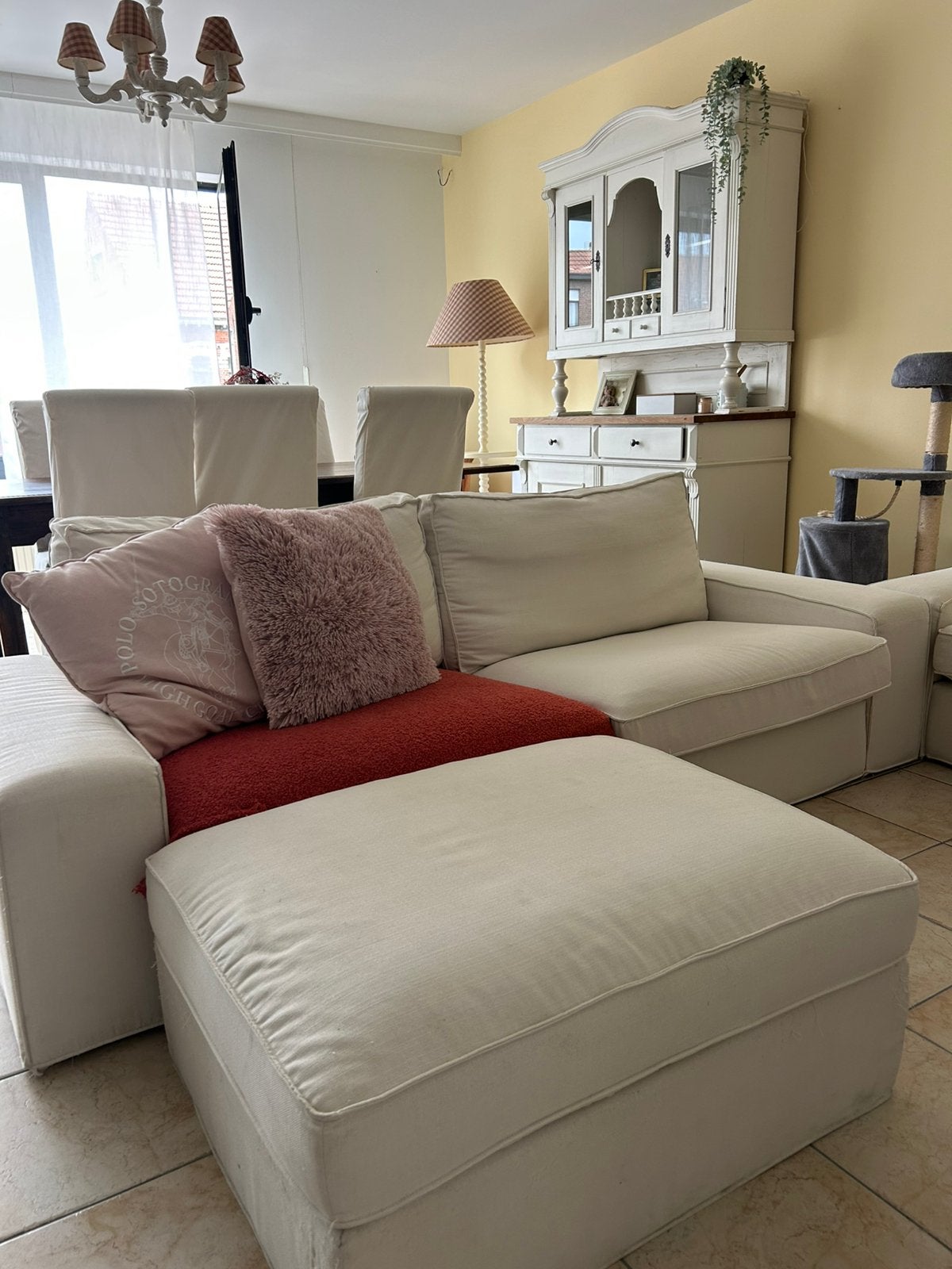 crème/witte hoekzetel en driezit., Huis en Inrichting, Ophalen, Gebruikt, Landelijk, Stof