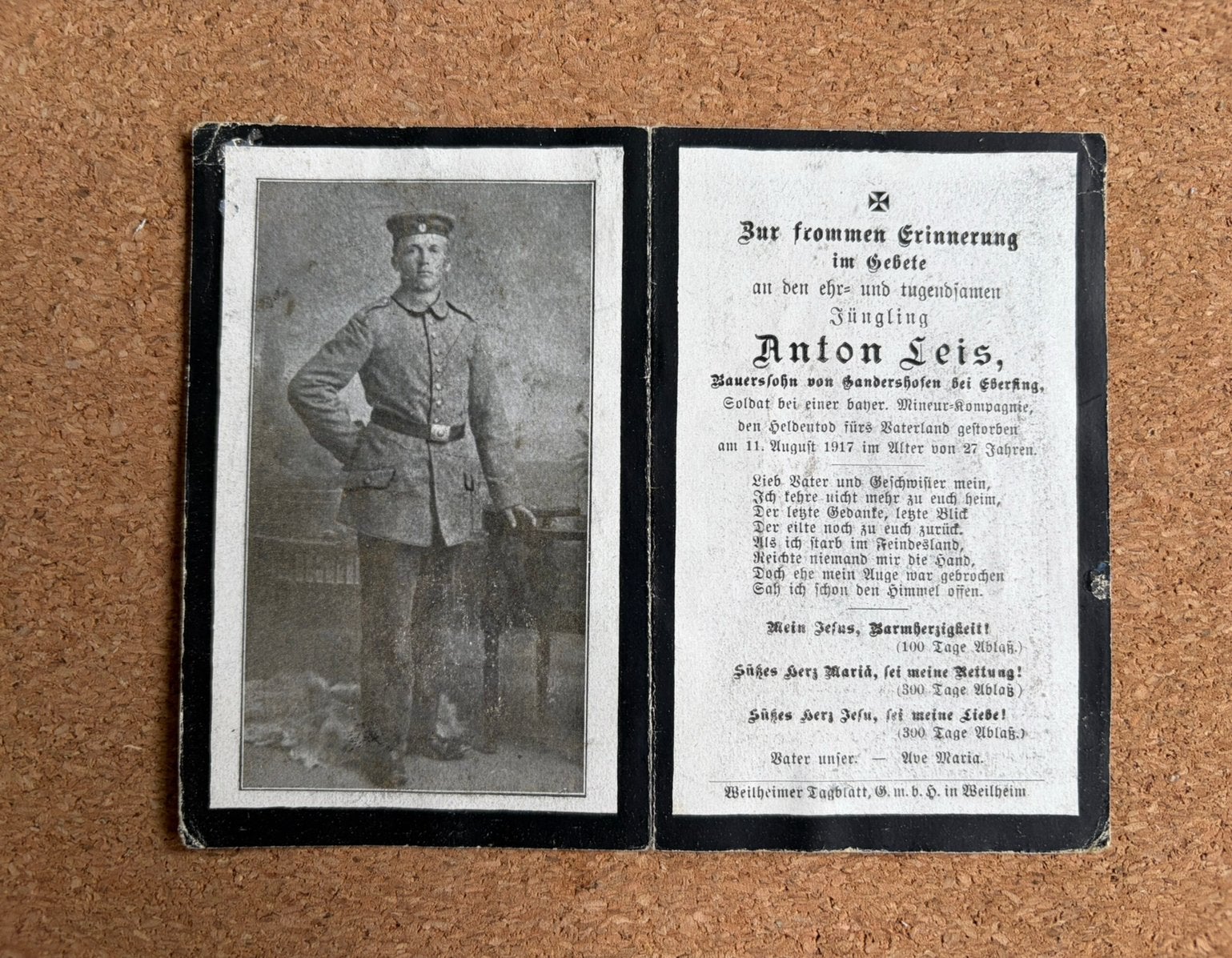 Carte de prière allemande WW1 - Bayer. Minenwerfer Comp 1917, Enlèvement ou Envoi