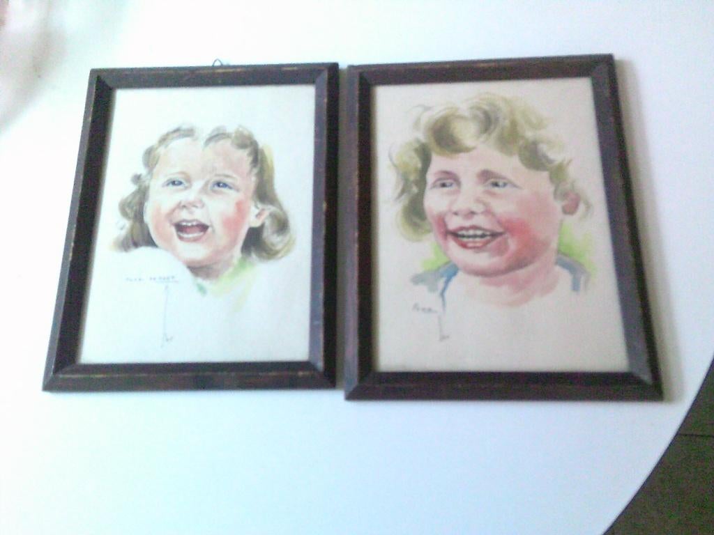 2 aqaurele tekeningen getekend flor de raet 1947, Ophalen