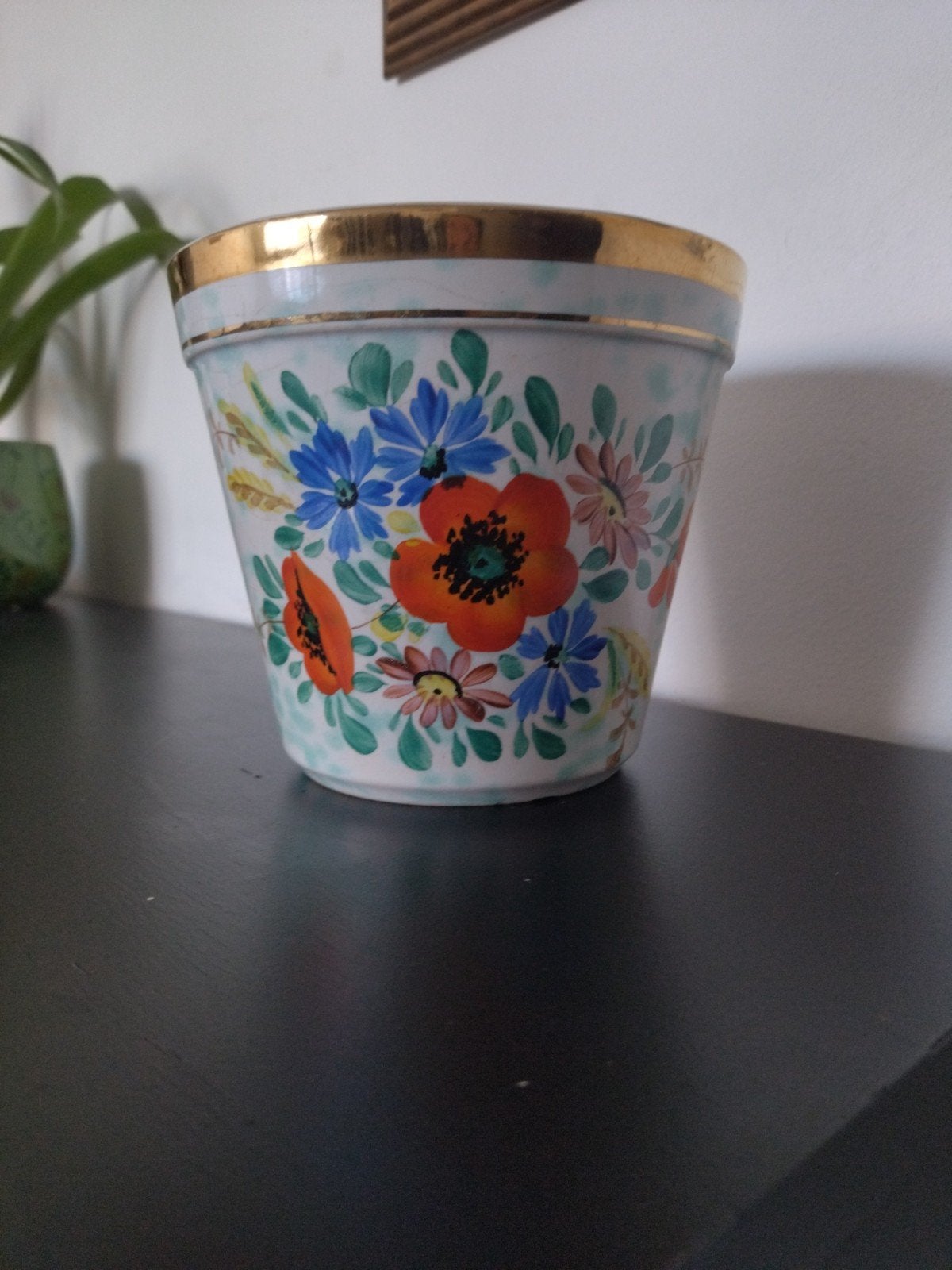 Cache-pot vintage faïence Belgique peint main, Enlèvement ou Envoi, Moins de 25 cm, Rond, Pierre