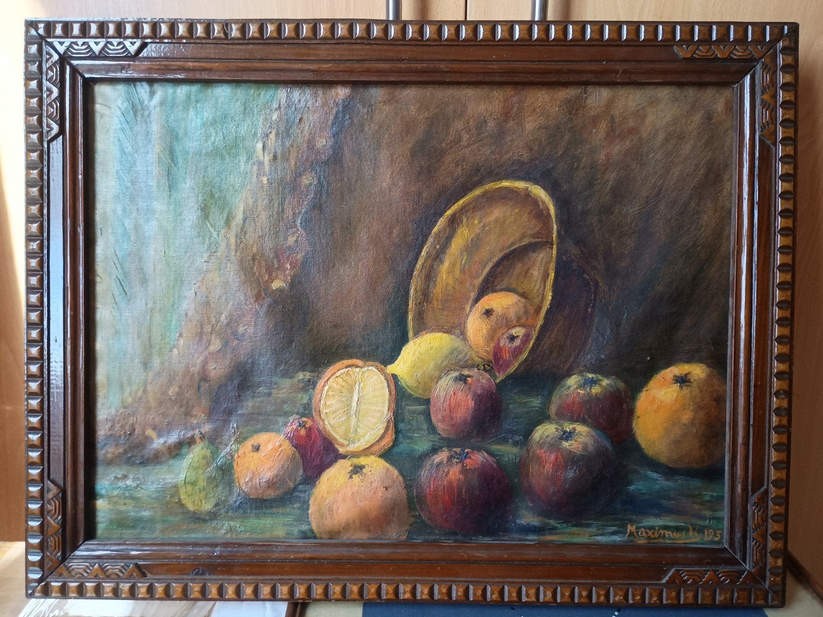 Prachtig Antiek Stilleven met Fruit (1931) – Olieverf op Doe, Enlèvement ou Envoi, Peinture à l'huile, Nature morte, Daté