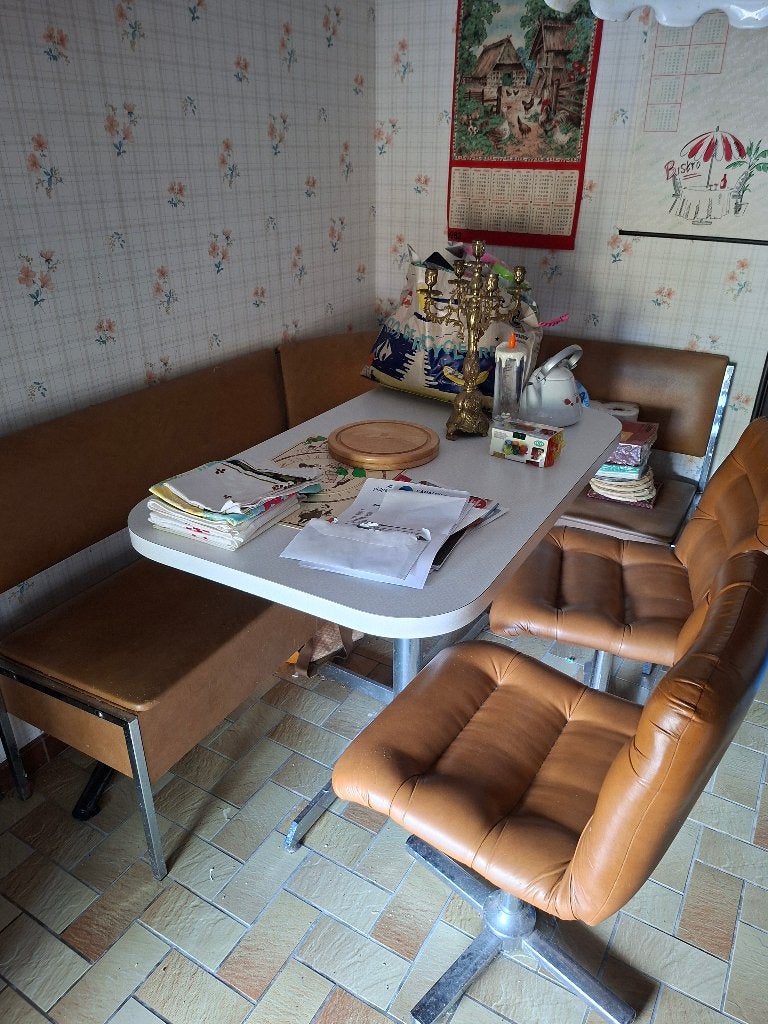 Vintage eethoek met tafel en 2 stoelen, Ophalen, Gebruikt, 150 tot 200 cm, Vijf personen of meer