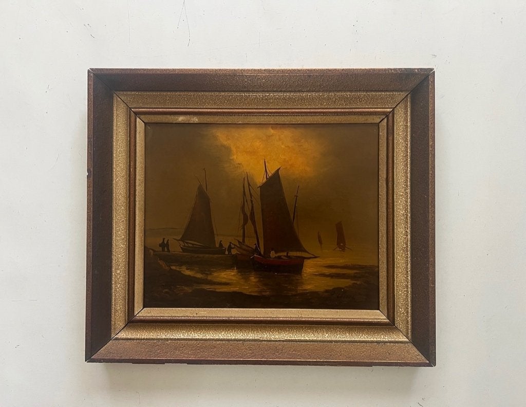 Zee gezicht met boten, Ophalen of Verzenden, Olieverf, Klassiek, Maritiem / water