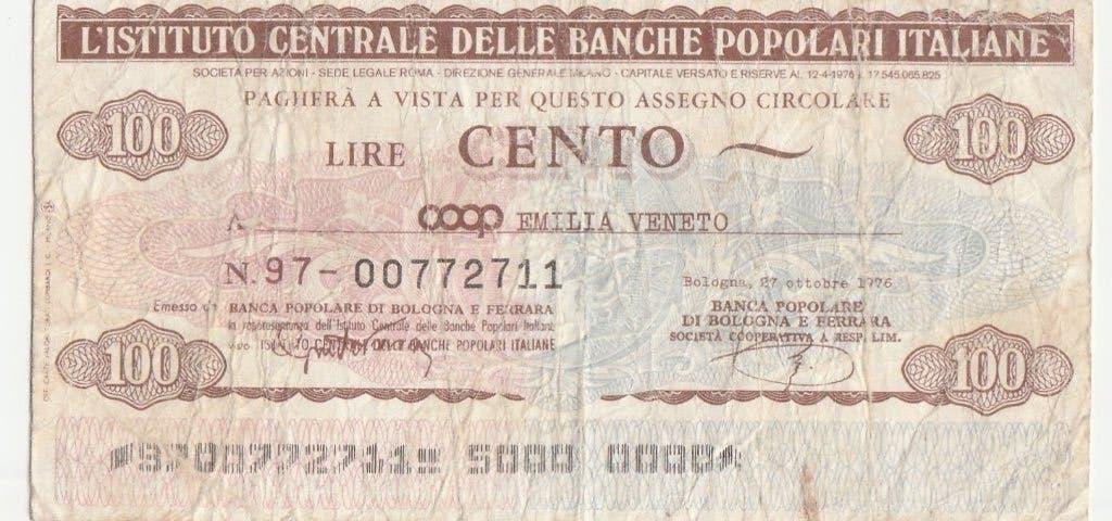 2 Mini-cheques van 100  lire van de Bancopopolare 1977, Ophalen of Verzenden, Italië, Los biljet
