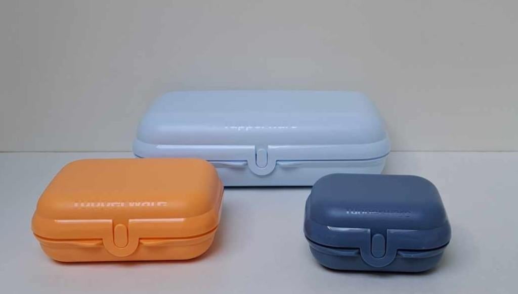 Tupperware™ Trio « Lunchbox en Snackbox » blauw clair orange, Maison & Meubles, Cuisine| Tupperware, Neuf, Boîte, Bleu, Orange