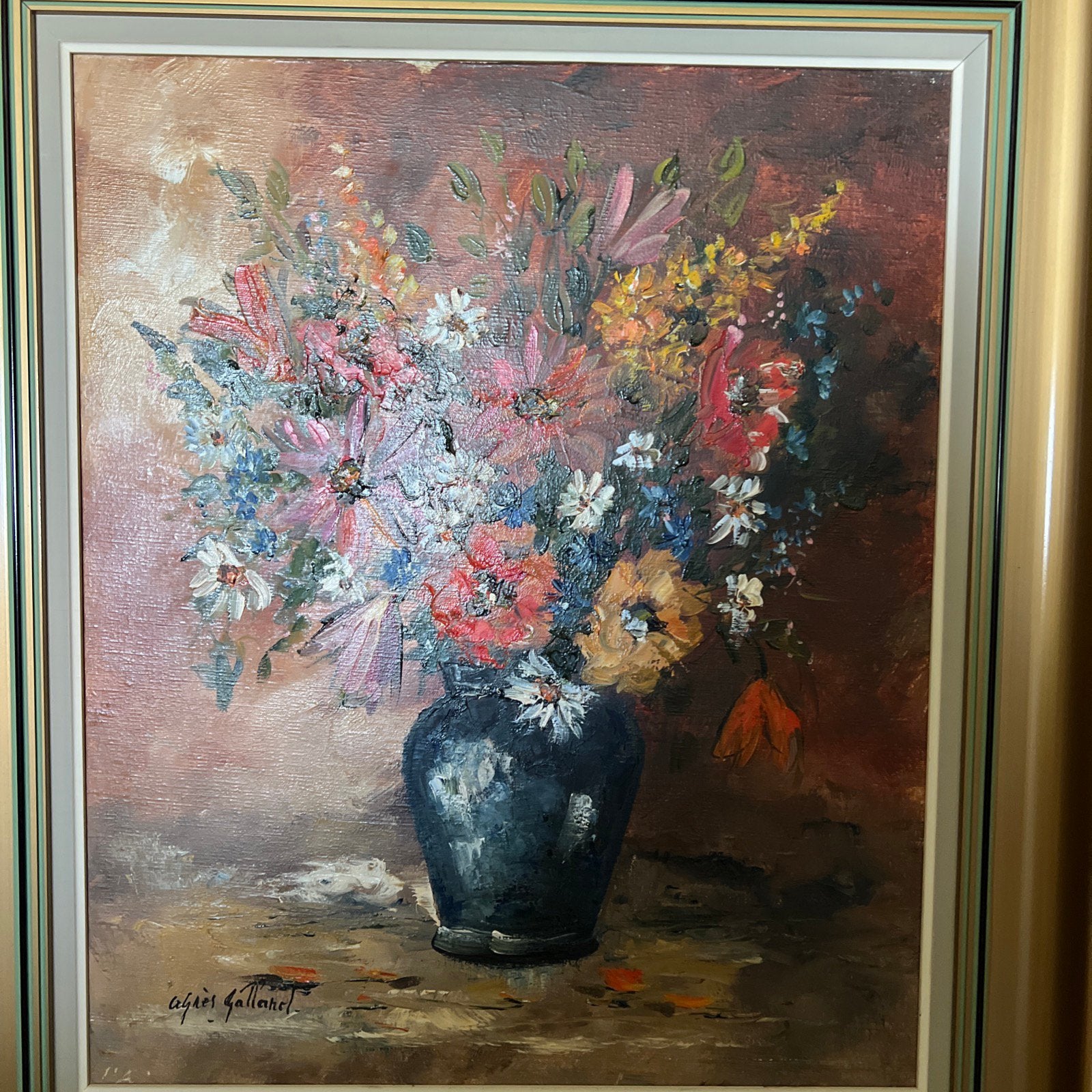 Peinture a l’huile agnes Galland, Antiek en Kunst, Overige stijlen, Doek, Gedateerd, Olieverf