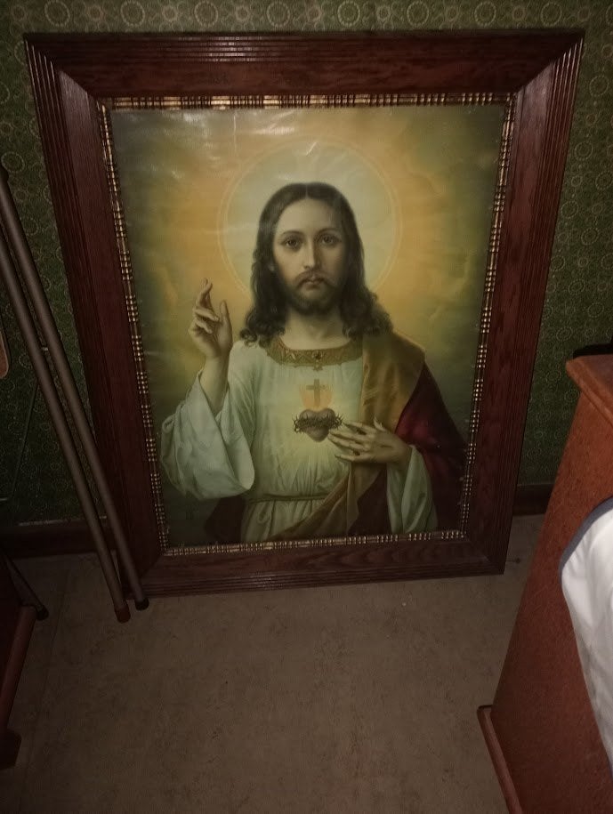 grand tableau de Jesushart, Portrait ou Personnes, Autres techniques, Vintage, Sous verre