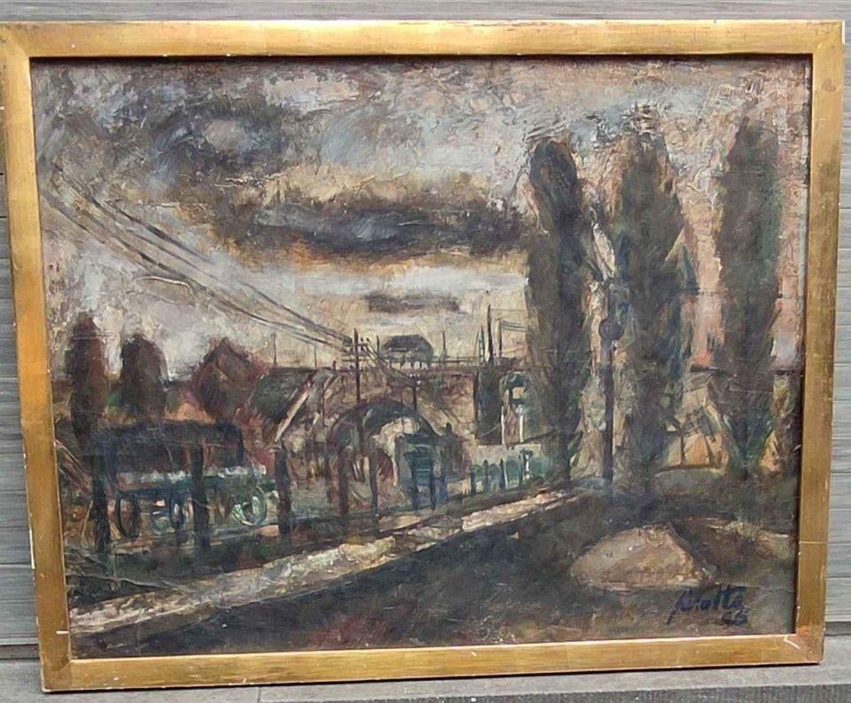 Huile sur panneau chemin de fer signe David Pirotte, Antiquités & Art, Enlèvement