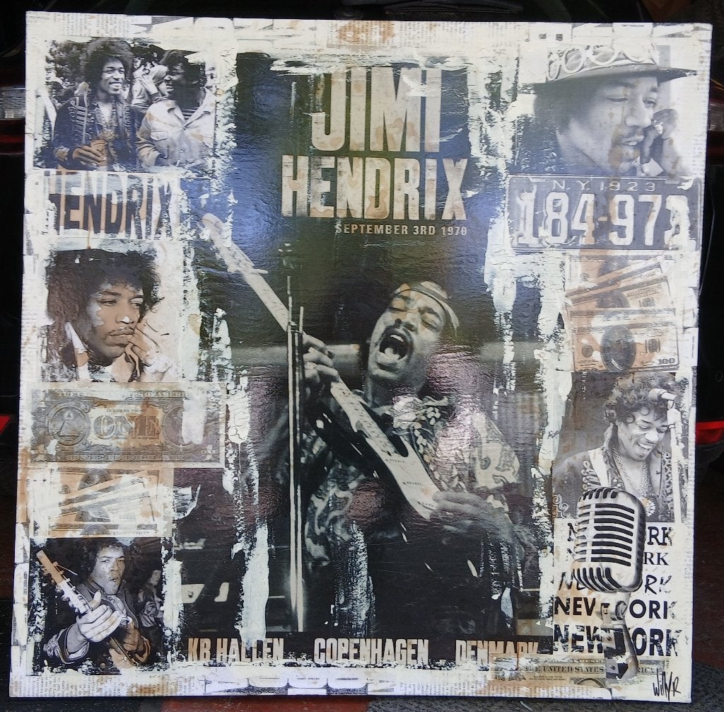 Een Jimi Hendrix collage art Canvas, Ophalen, Zo goed als nieuw, Poster, Artwork of Schilderij