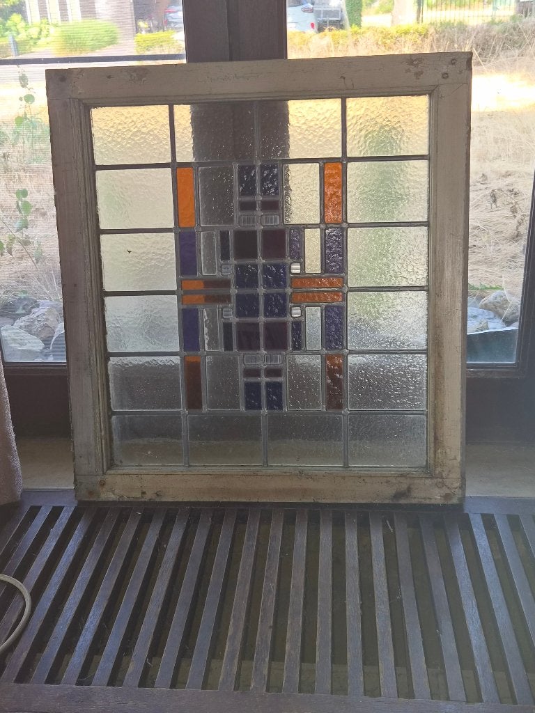 Art Deco Glas-in-loodraam 1930 Amsterdamse School Artikel 2, Antiek en Kunst, Meerkleurig, Handgemaakt, 62 cm, Ophalen