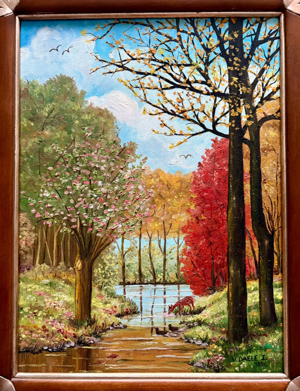 Uniek gesigneerd herfstlandschapschilderij met dieren., Antiquités & Art, Art | Peinture | Classique, Peinture à l'huile, Signé