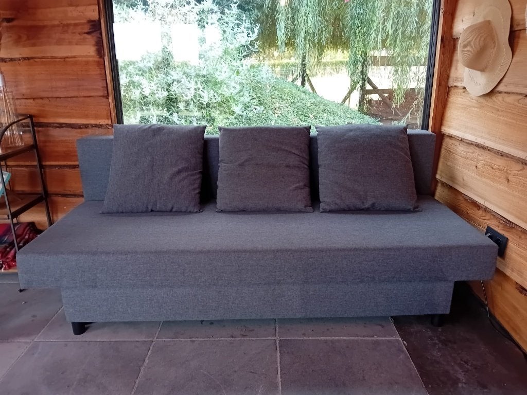 3-zits slaapbank, Knisa donkergrijs, Ophalen, Tweepersoons, Zo goed als nieuw, 80 cm