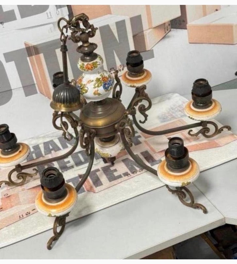 Lustre vintage ancien en cuivre, laiton, porcelaine brocante, Enlèvement ou Envoi