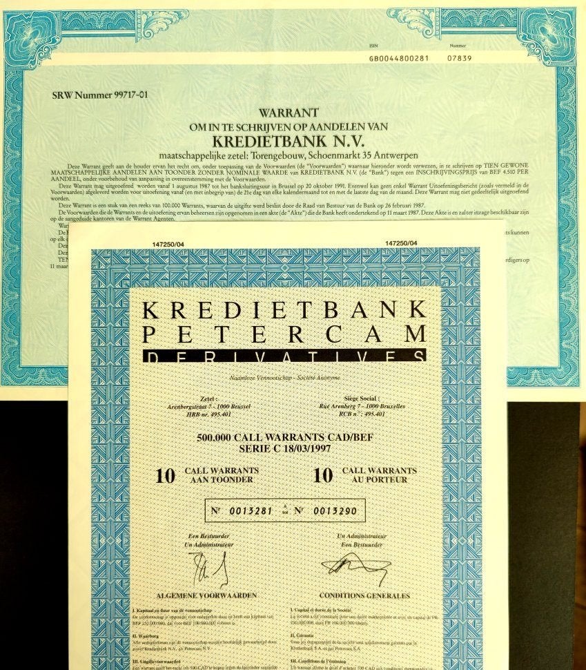 2 oude waardepapieren KREDIETBANK (nu KBC) 1987 en 1994, Postzegels en Munten, Ophalen of Verzenden, 1970 tot heden, Overige typen