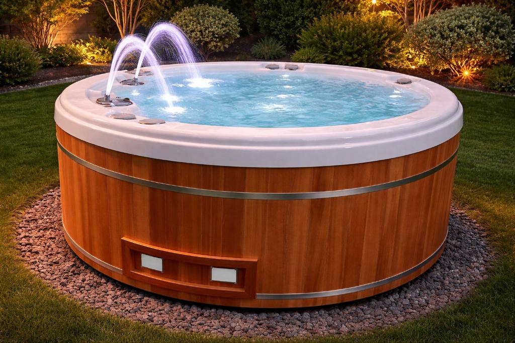 Cederhouten jacuzzi en hottub muziek, fonteinen, houtkachel, Sport en Fitness, Ophalen, Nieuw