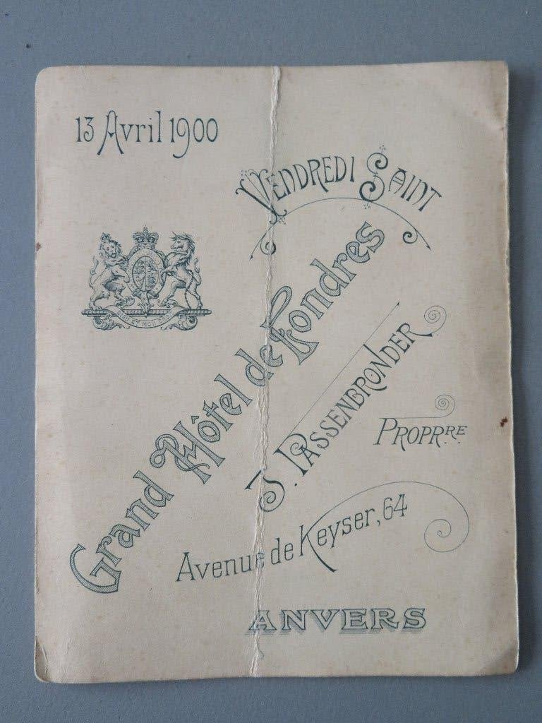 1900 menu Grand Hotel de Londres Keiserlei Antwerp  litho, Verzamelen, Foto's en Prenten, Verzenden, Zo goed als nieuw, Voor 1940