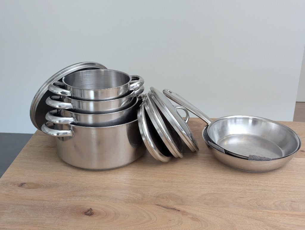 Kookpotten (4) en pannen (2) Demeyere, Inox, Demeyere, Gebruikt, Met deksel