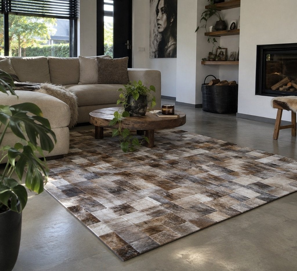 Koeienhuid patchwork grijsbruin 180x120cm | Lederstore, Meerkleurig, Wandkleed, Nieuw, Ophalen of Verzenden