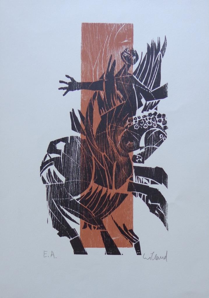DETLEF WILLAND / ENGELREITER / KLEURHOUTSNEDE / 52x36cm SIG, Antiek en Kunst, Kunst | Litho's en Zeefdrukken, Ophalen of Verzenden