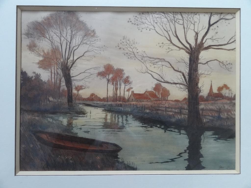 mooi landsachap met rivier, bomen, kerk, gesigneerd, Verzenden